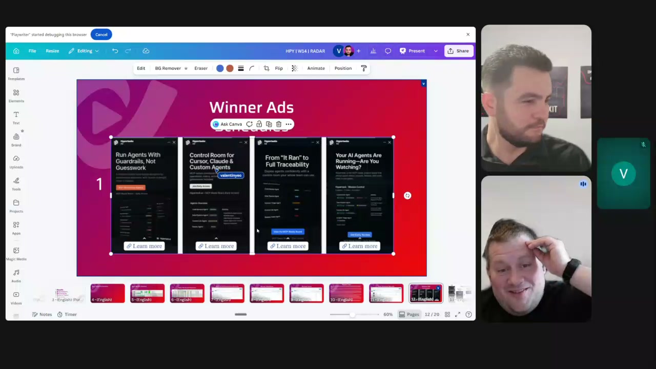 Analyzing winner ads in Canva — identifying what hooks converted