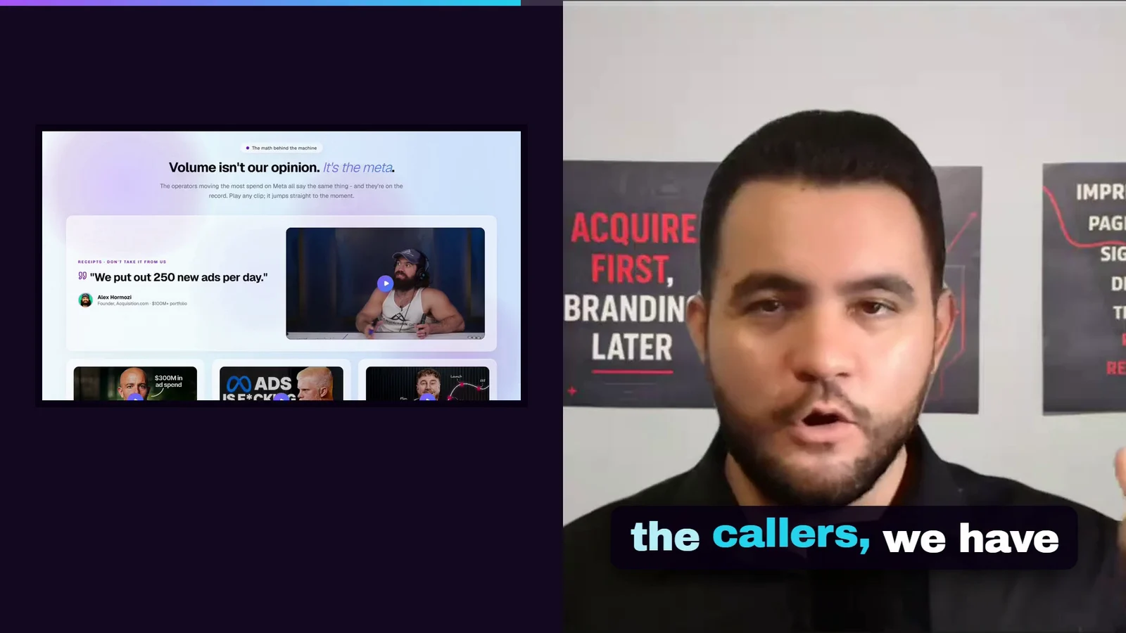 Version two frame: split screen with a scroll capture of a landing page on a dark board at left and the speaker centred in the right half