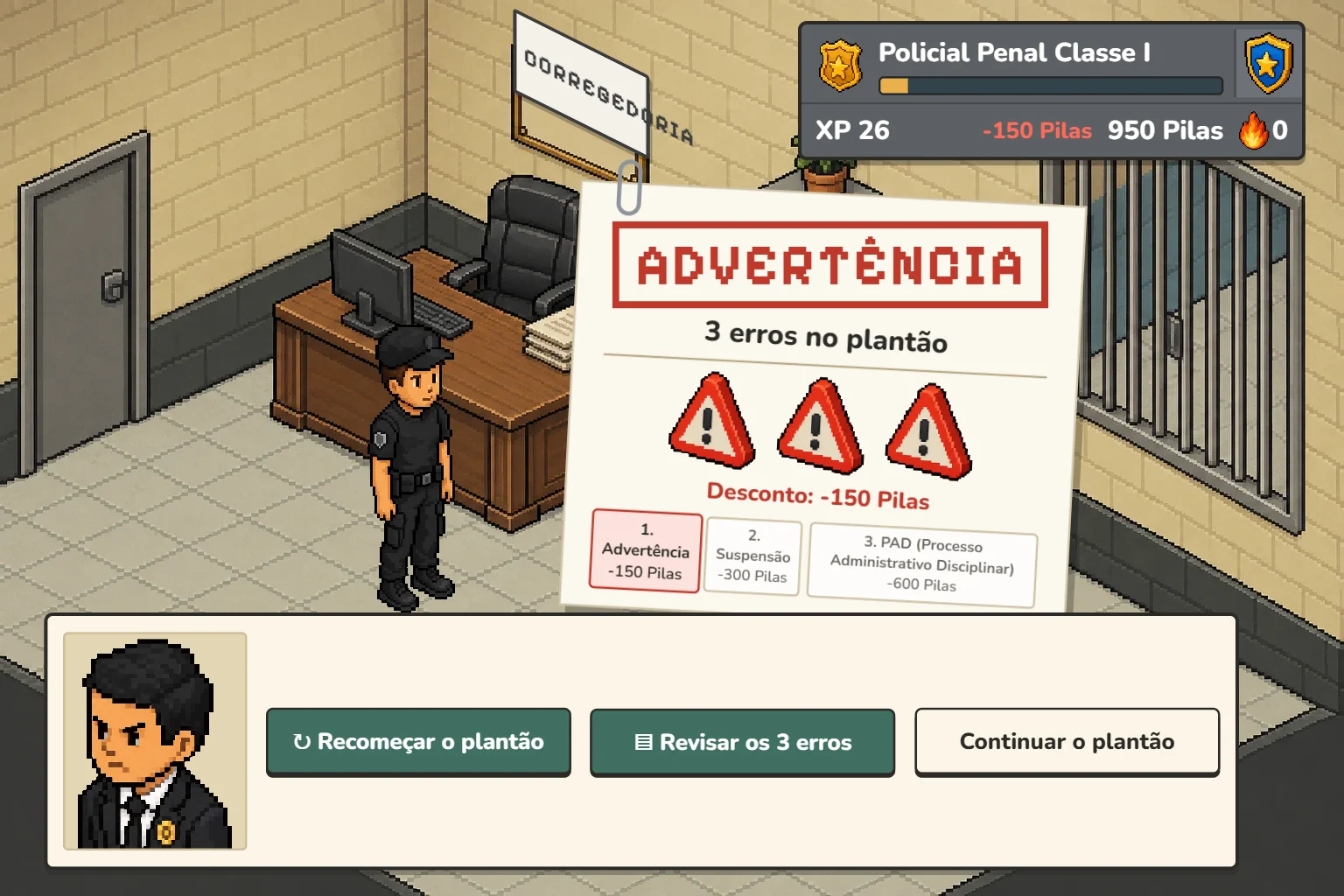 Disciplinary office screen showing a warning notice for three mistakes in one shift, a 150 point deduction, and the three steps of the penalty ladder