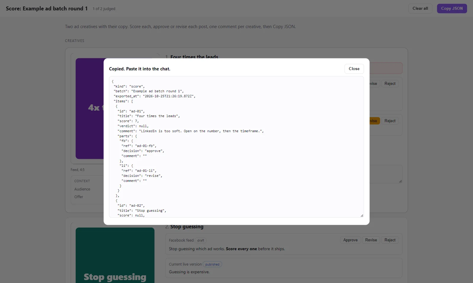 A Copy JSON dialog over the score page showing the export: kind score, the batch name, and an item with a score of 7, a comment, one approved part and one part to revise, each with its ref