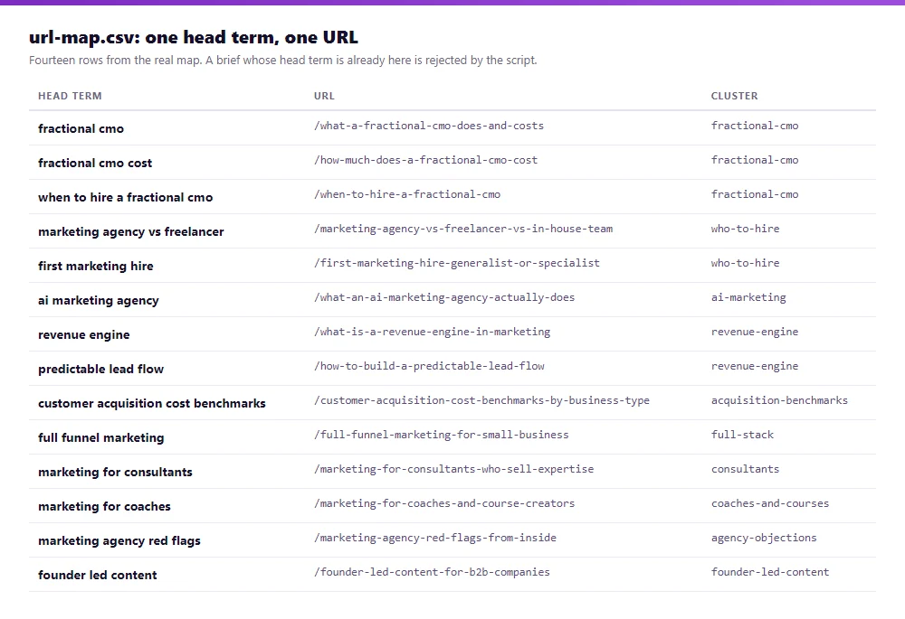 A table with three columns, head term, URL and cluster, listing fourteen real head terms each mapped to its own page