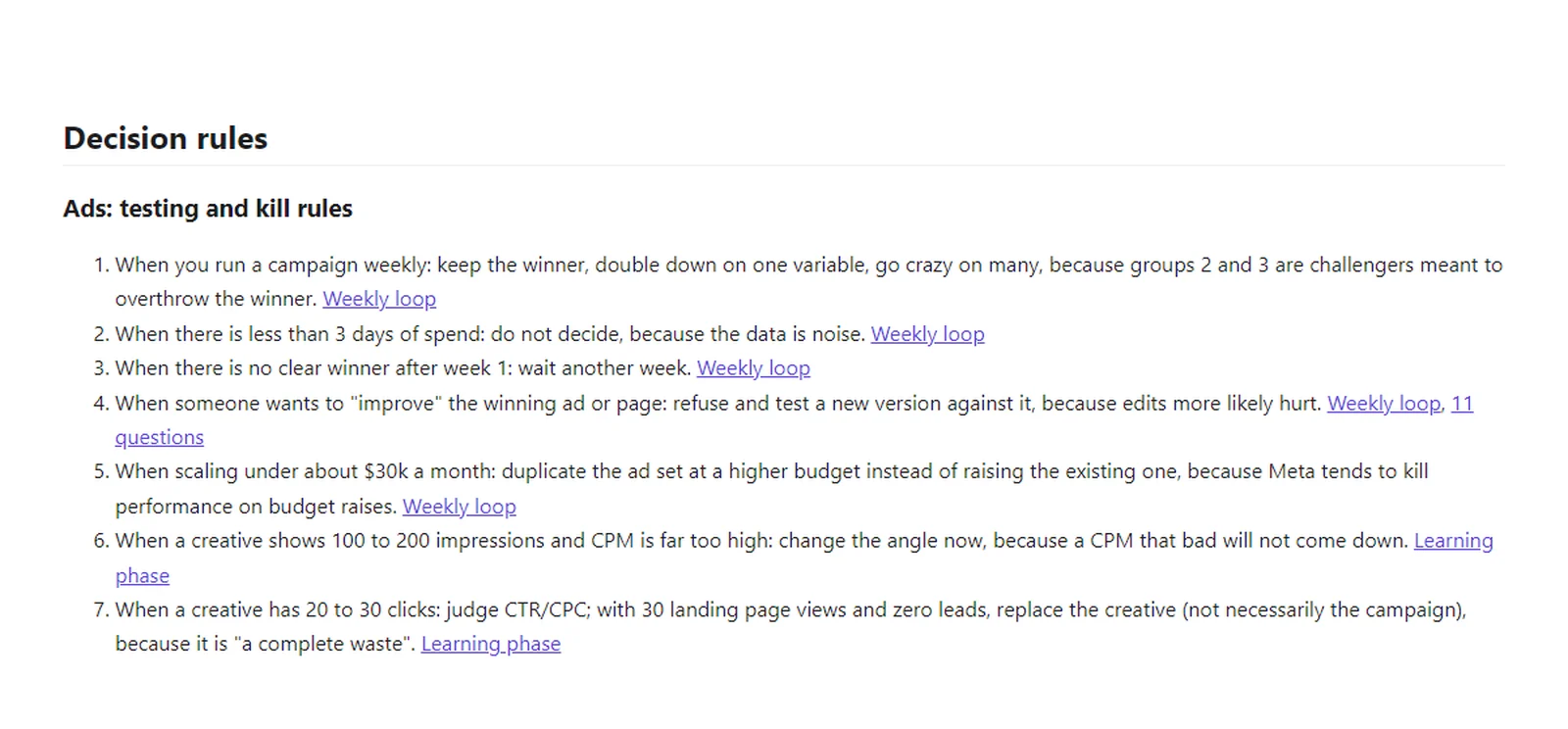 The PERSONA page of the report in a white layout, showing the first seven ads testing and kill rules, each written as when, do, because with a link to its source video